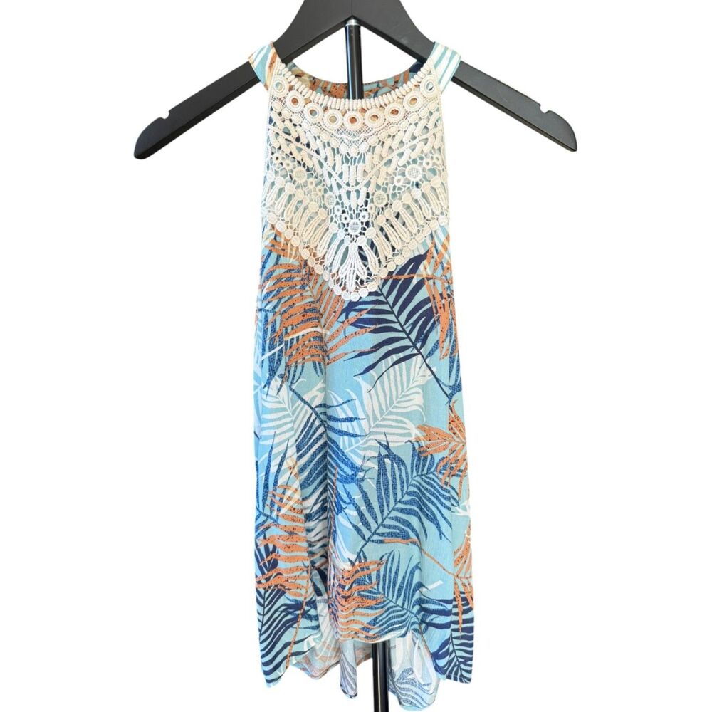 Cure‎ Tropical Palm Leaf High Low Halter Top Crochet Lace Yoke Blue Orange Large